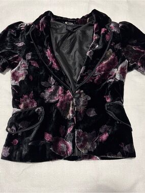 Arden B Black Velvet Floral Blazer with Plum and Gray Accents